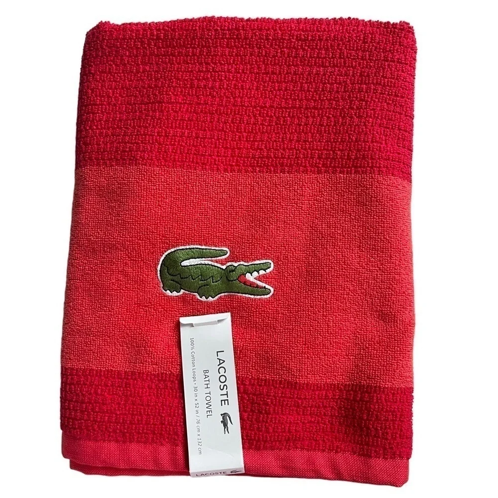 LACOSTE Bath Towel Red 100% Cotton 30”X 52” Large Crocodile NWT